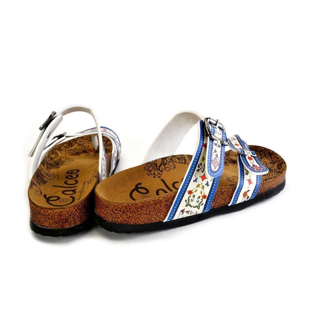 Dark Blue, Black and Cream Banded, Mosaic Color Flowers Patterned Sandal - CAL1015 (774931710048)