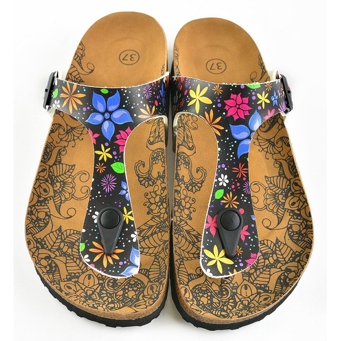 Black & Blue Floral T-Strap Sandal CAL512 (737680654432)