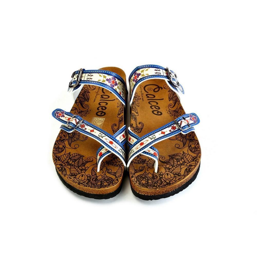 Dark Blue, Black and Cream Banded, Mosaic Color Flowers Patterned Sandal - CAL1015 (774931710048)