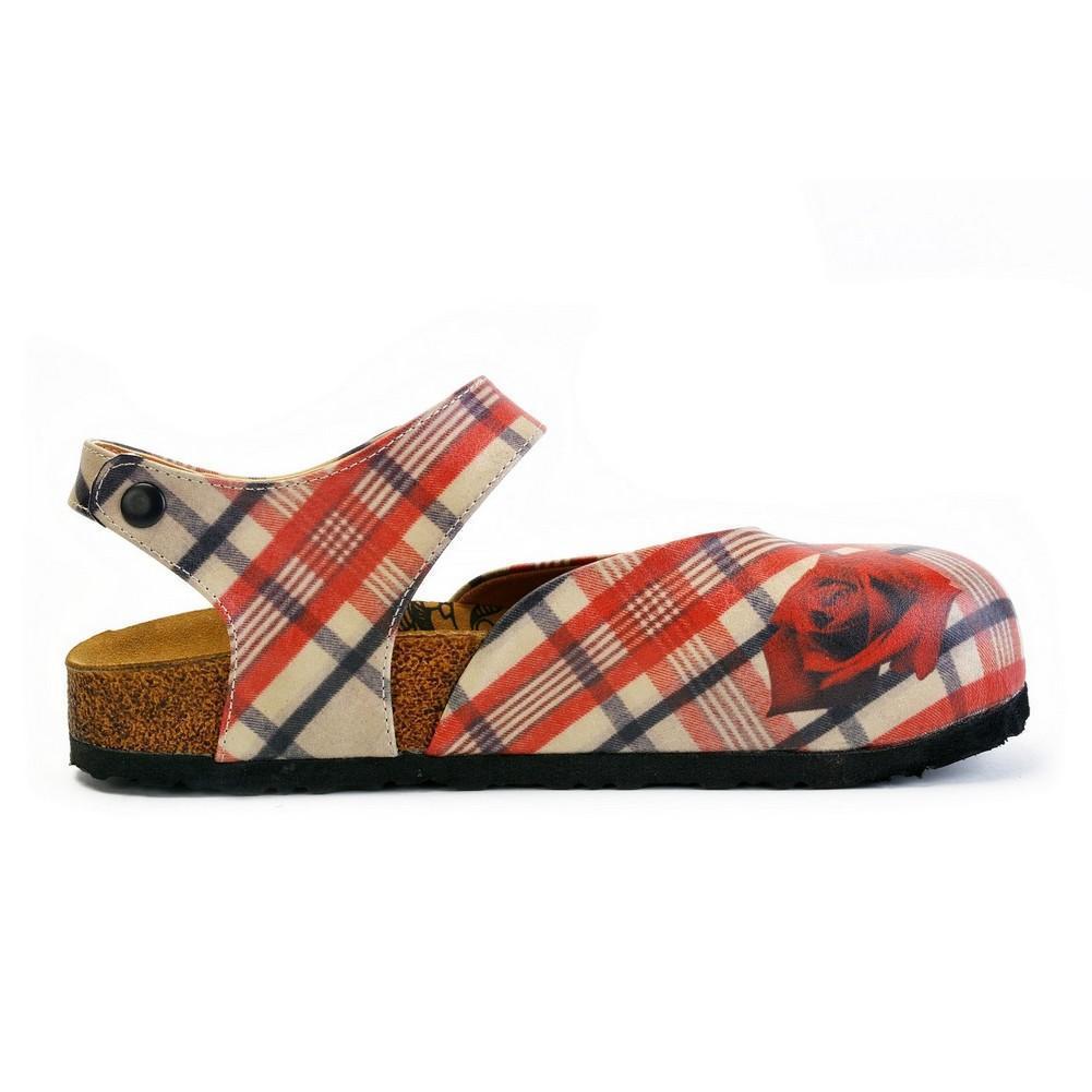 Red, Beige, Black Lines and Red Rose Patterned Clogs - CAL1601 (774941114464)