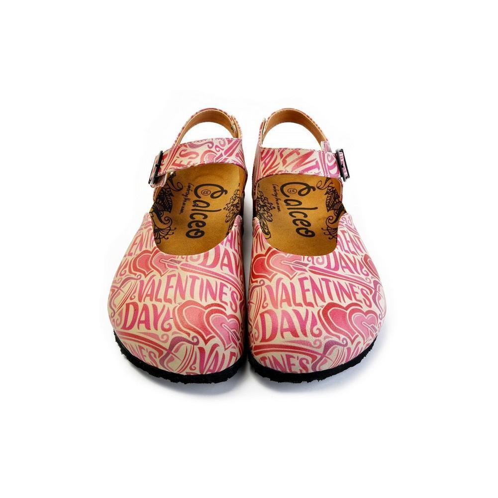 Beige and Red Color, Heart Patterned, Valentines Day Written Patterned Clogs - CAL1605 (774941540448)