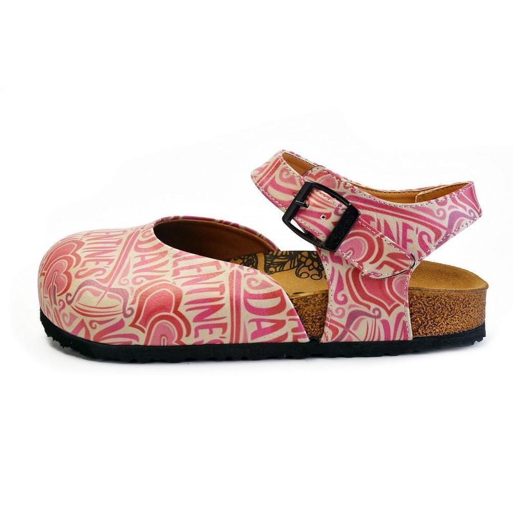 Beige and Red Color, Heart Patterned, Valentines Day Written Patterned Clogs - CAL1605 (774941540448)