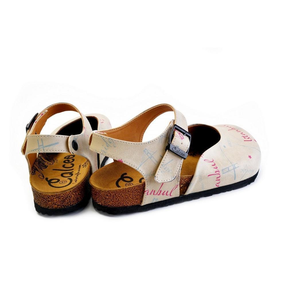 Beige, Blue, Red Sail and Bridge Color, Istanbul Written Patterned Clogs - CAL1607 (774941769824)