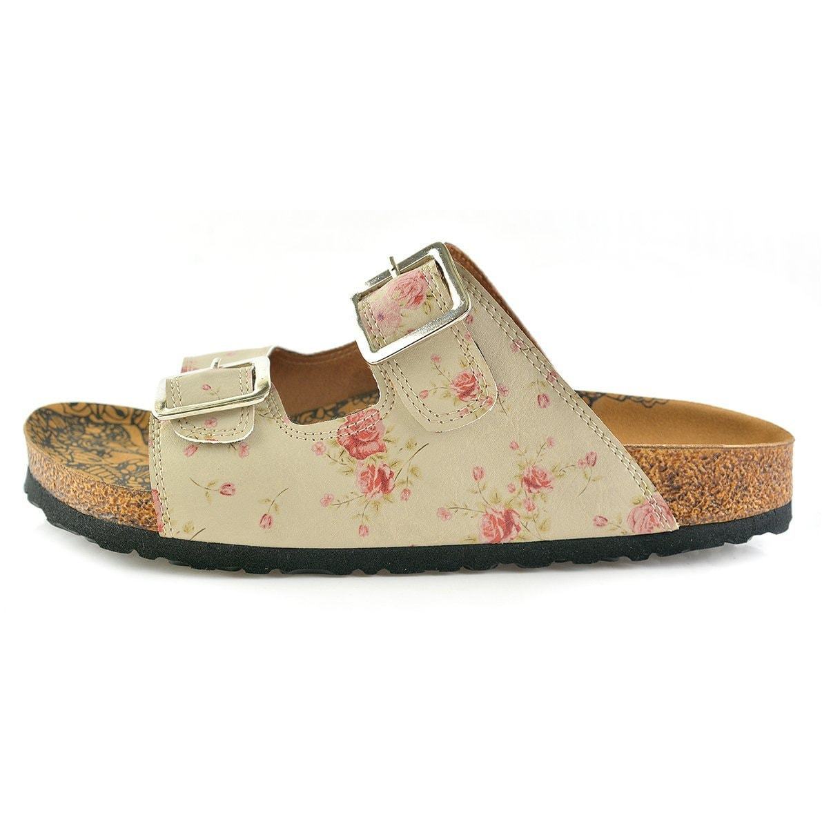 Cream & Pink Roses Two-Strap Buckle Sandal CAL209 (737682522208)
