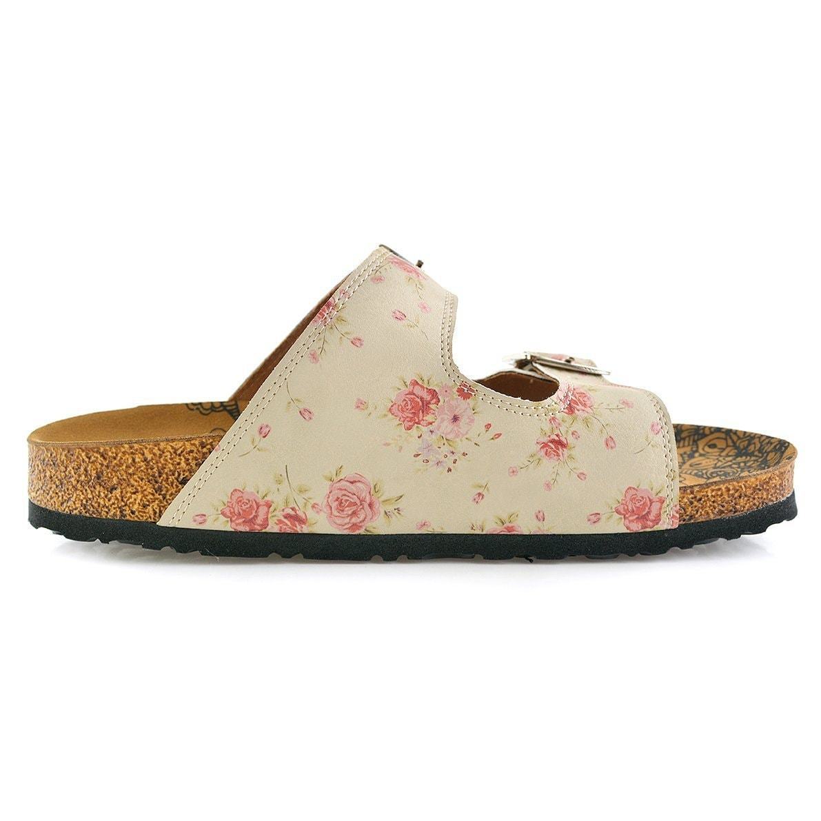 Cream & Pink Roses Two-Strap Buckle Sandal CAL209 (737682522208)