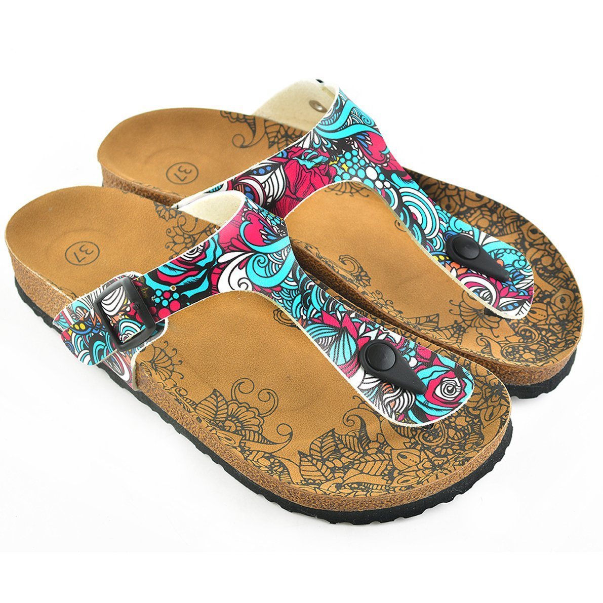 Turquoise & Pink Abstract T-Strap Sandal CAL511 (737680687200)