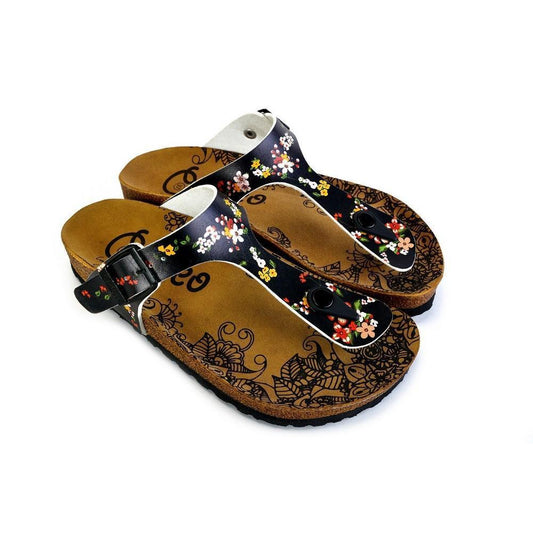 Black and Colored Flowers Patterned Sandal - CAL526 (774935904352)