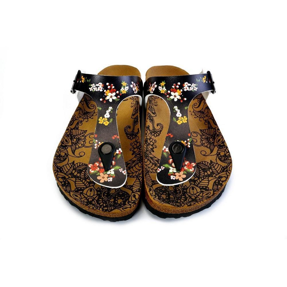 Black and Colored Flowers Patterned Sandal - CAL526 (774935904352)