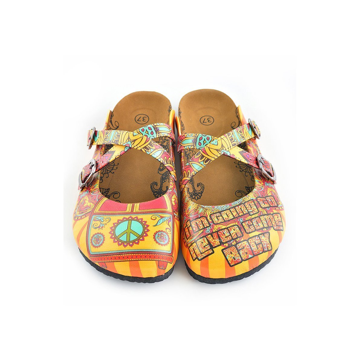 Yellow & Red Peace Sign Cross-Strap Clogs WCAL134 (737672822880)