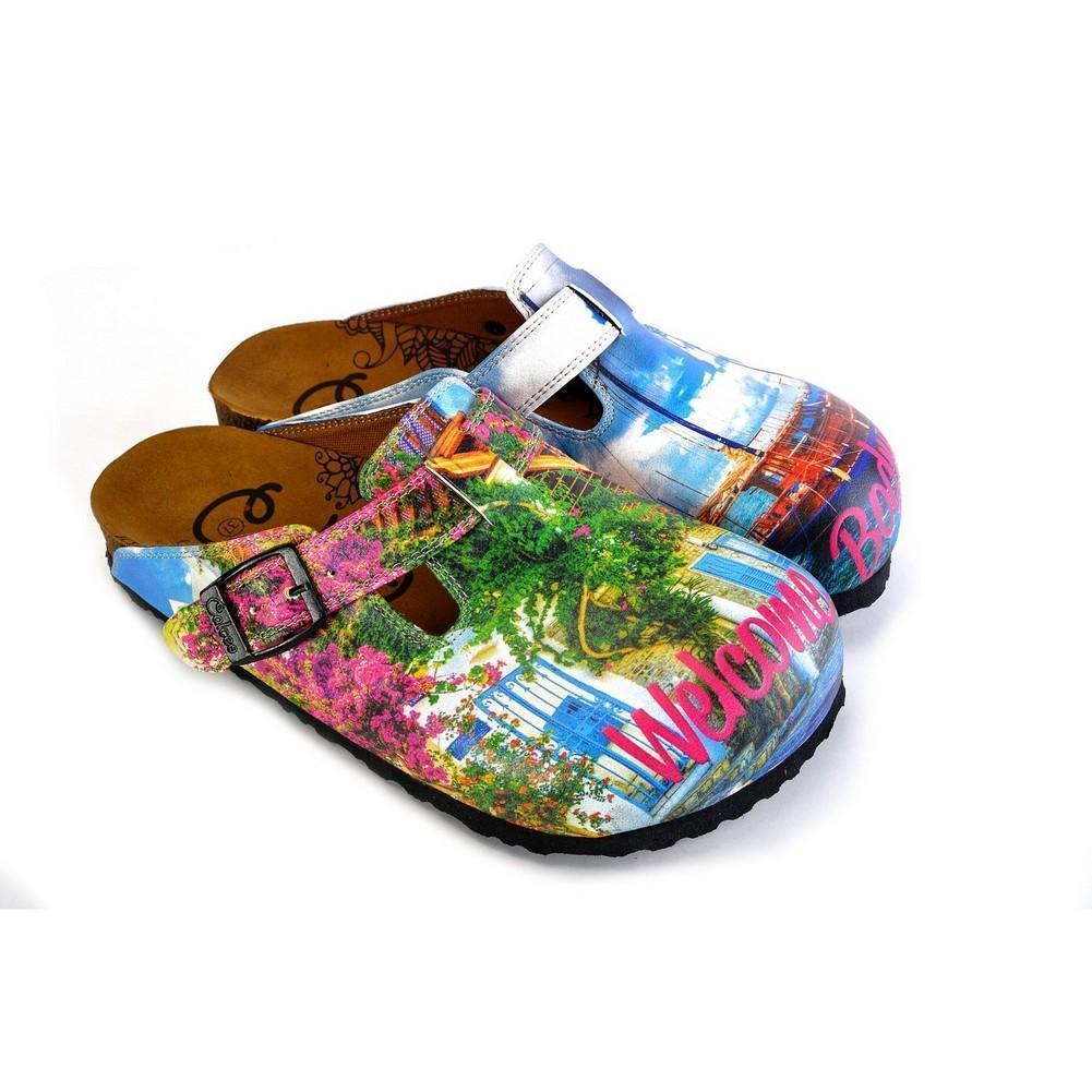 Green and Pink Colored and Flowered, Welcome Bodrum Written Patterned Clogs - WCAL368 (774939869280)