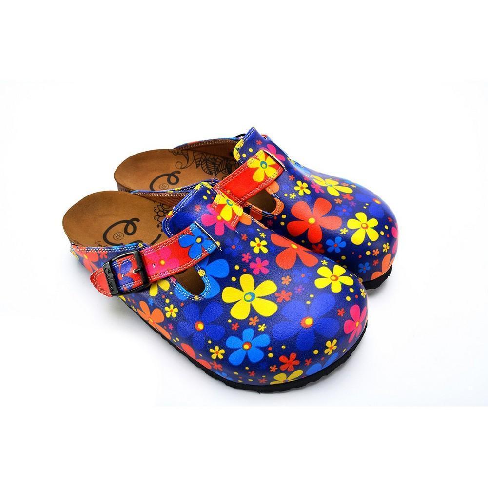 Blue Colored and Colorful Flowers Patterned Clogs - WCAL371 (774940328032)